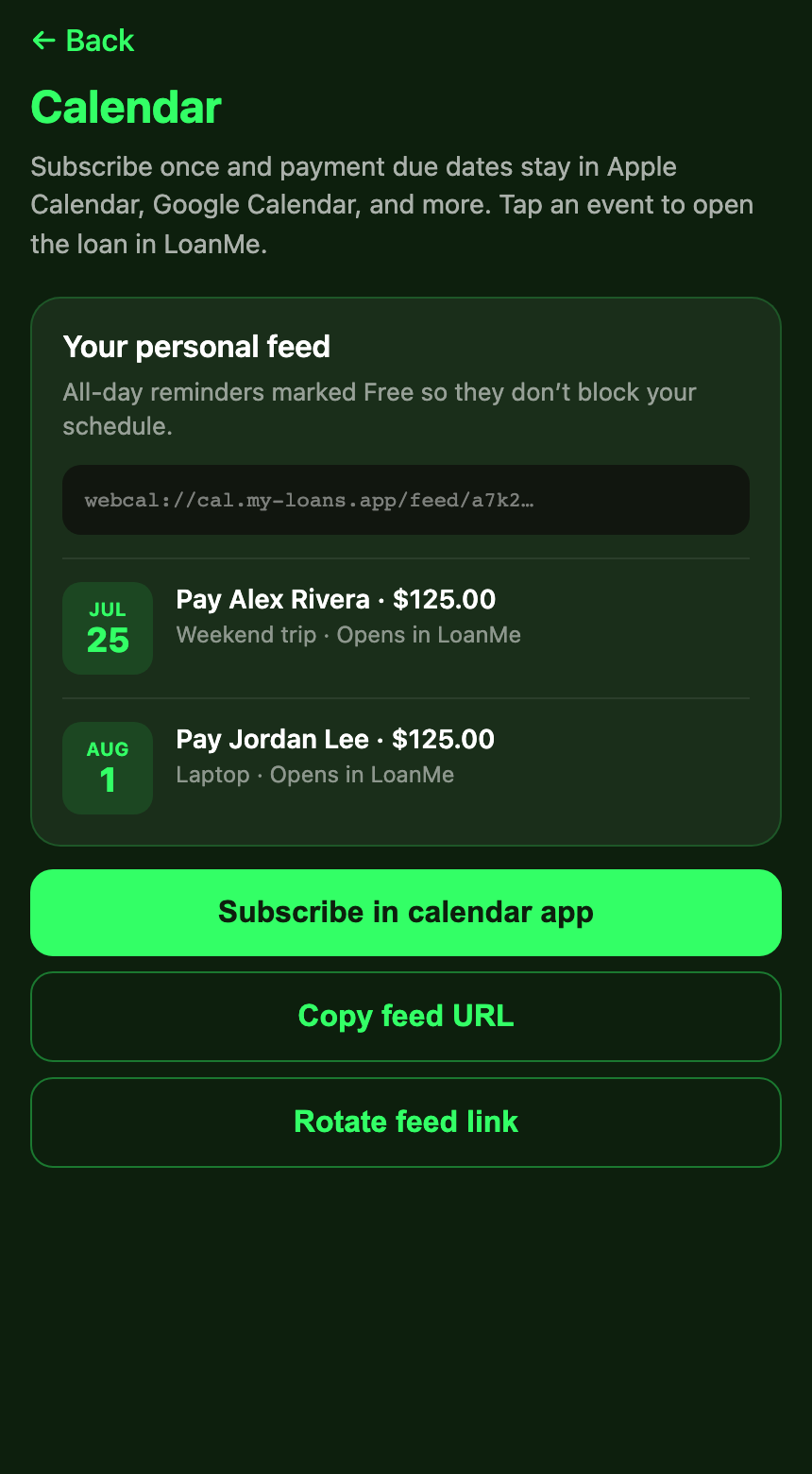 LoanMe Calendar feed screen